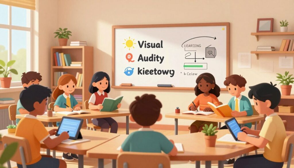 A vibrant and inviting classroom scene that illustrates the concept of personalizing learning styles. In the foreground, a diverse group of students, dressed in smart casual attire, engages with various learning materials tailored to their unique styles — some use tablets, others are focused on books, and a few are collaborating on interactive projects. In the middle, a whiteboard displays different learning modalities like visual, auditory, and kinesthetic methods. The background features shelves filled with colorful educational resources and plants, creating a warm atmosphere. Soft, natural light streams through large windows, casting a gentle glow over the setting, enhancing the feeling of engagement and curiosity. The overall mood is enthusiastic and supportive, highlighting the importance of customized learning experiences.