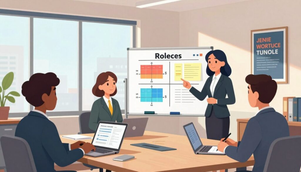 A vibrant and organized office space, featuring a diverse team of four professionals in business attire, each engaged in their specific roles. In the foreground, a woman at a large conference table is presenting a project plan on a laptop, while a man nearby takes notes. In the middle, a whiteboard displays clearly defined roles and responsibilities with colorful charts and sticky notes. In the background, a large window allows natural light to flood the room, creating an inviting atmosphere. A motivational poster hangs on the wall, enhancing the teamwork spirit. The scene captures a sense of focus, collaboration, and clarity, emphasizing the importance of defined roles in achieving team success.