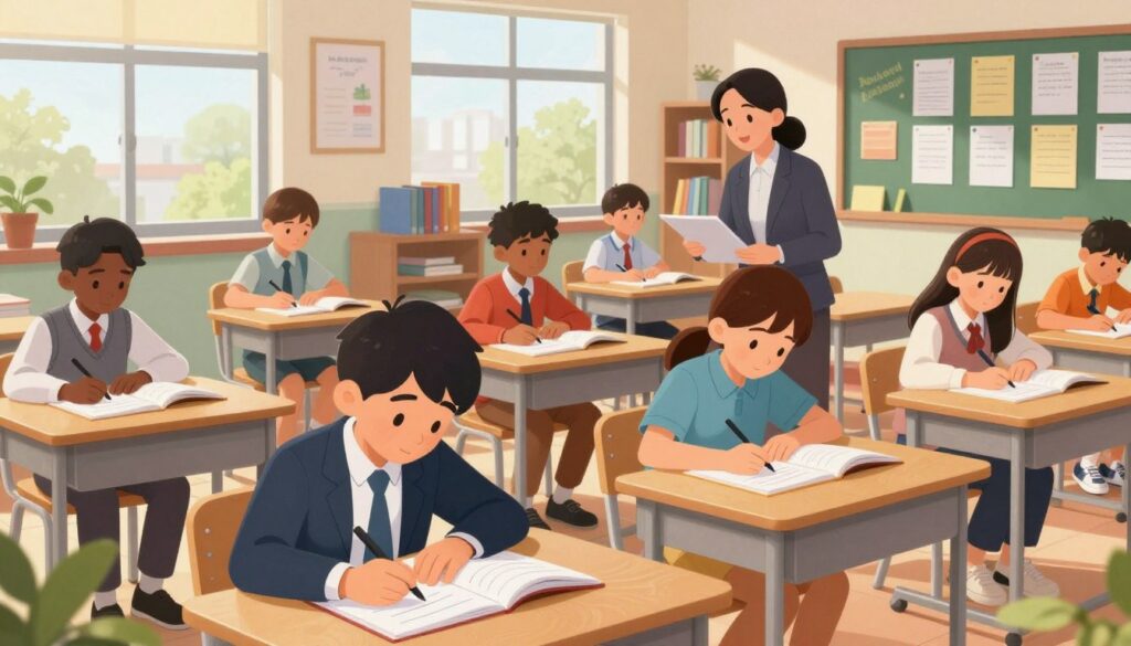 A vibrant classroom scene depicting a daily writing routine in progress. In the foreground, a diverse group of students, dressed in professional business attire and modest casual clothing, attentively writing in their notebooks, some with focused expressions. In the middle ground, a teacher circulates, engaging with the students, offering encouragement and feedback. The classroom is filled with colorful bulletin boards displaying writing prompts and student work. Natural light floods in through large windows, creating a warm, inviting atmosphere. The background shows bookshelves filled with books and resources, highlighting a nurturing educational environment. The angle should be slightly elevated to capture both the students and the teacher, emphasizing the dynamic interaction and collaboration. Overall, the scene conveys a sense of purposeful engagement and enthusiasm for writing.