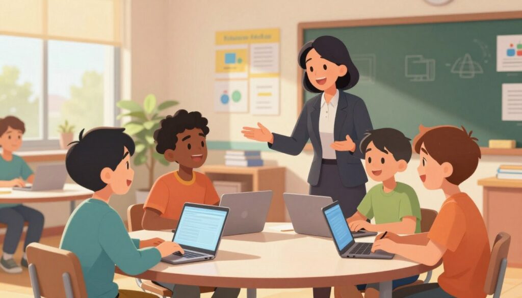 A vibrant classroom scene filled with diverse students engaged in collaborative learning activities. In the foreground, a group of four students of different ethnicities (Asian, Black, Hispanic, and Caucasian) are seated at a round table, each using a laptop and discussing ideas animatedly. The middle ground features a teacher, a middle-aged woman in professional attire, guiding them with encouraging gestures. The background shows a colorful bulletin board with educational posters and technology resources. Soft, natural lighting filters through large windows, casting a warm glow on the scene. The overall atmosphere is one of innovation, inclusivity, and enthusiasm for learning, reflecting a modern educational environment.