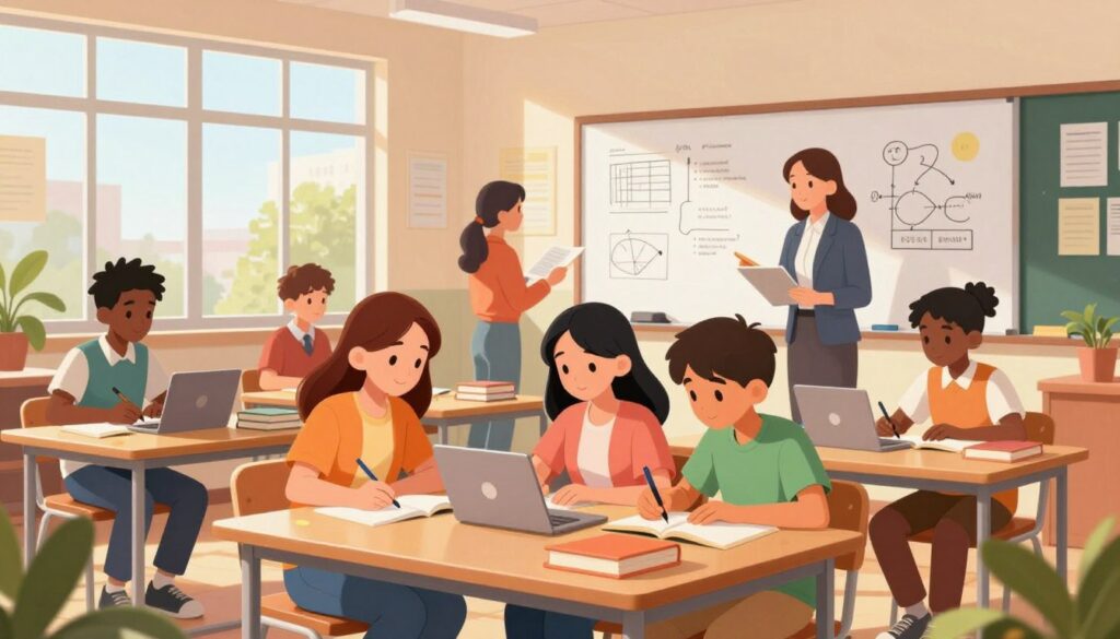 A vibrant classroom scene filled with diverse students engaging in collaborative study sessions. In the foreground, a group of three students, two girls and one boy, are deeply focused on their work, surrounded by books and laptops, wearing smart casual clothing. The middle of the scene showcases a large whiteboard with diagrams and notes, while a teacher, dressed in professional attire, assists a student on the side. The background features large windows letting in warm, natural light, creating an inviting atmosphere. The room is decorated with motivational posters and plants to enhance the positive mood. Use a wide-angle lens to capture the entire scene, emphasizing the collaborative spirit and dedication of the students, suggesting a bright future ahead.