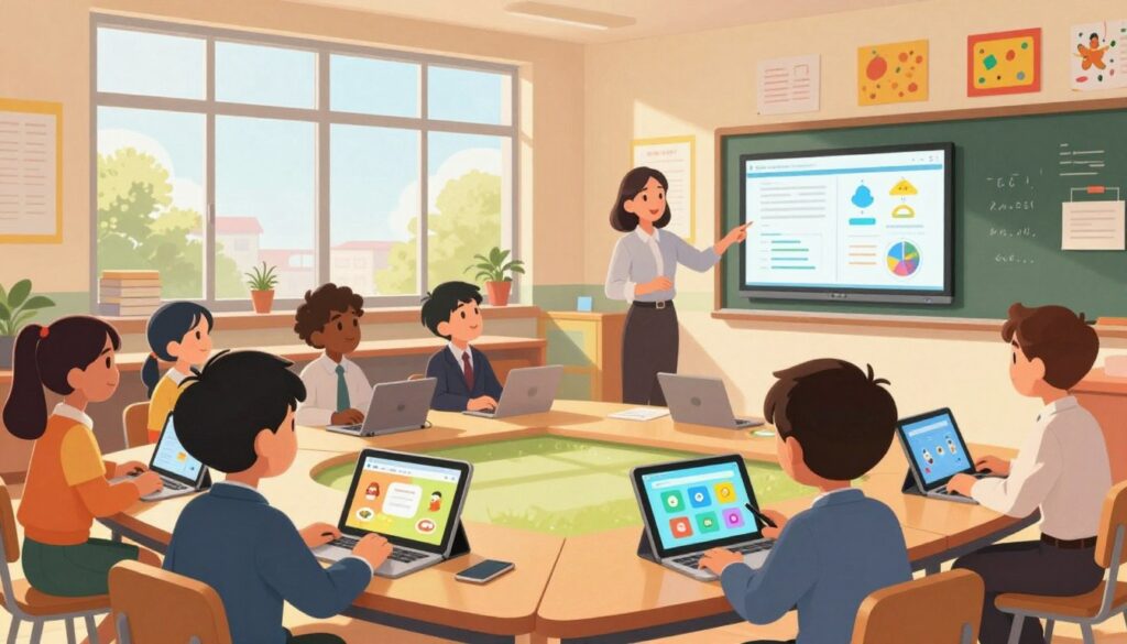 A vibrant classroom scene illustrating interactive learning tools in action. In the foreground, a diverse group of enthusiastic students, dressed in professional business attire, are engaged with tablets and digital whiteboards, showcasing colorful educational apps. The middle ground highlights a teacher guiding a small group, surrounded by interactive displays that visualize data and concepts, fostering collaboration. The background features large windows letting in warm, natural light, illuminating the room and creating an inviting atmosphere. The walls are adorned with bright educational posters and student artwork, enhancing the sense of creativity and engagement. The overall mood is energetic and inspiring, encapsulating the essence of modern interactive education.