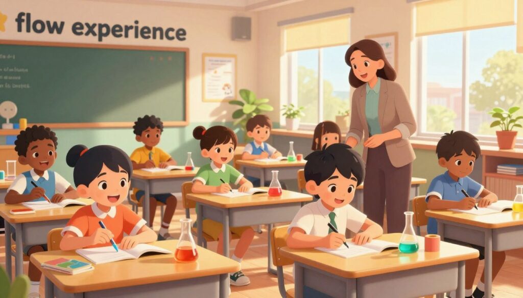 A vibrant classroom scene illustrating the concept of "flow experience" with elementary school students engaged in focused learning activities. In the foreground, a diverse group of students sits at colorful desks, fully absorbed in hands-on science experiments, their faces illuminated with joy and concentration. In the middle ground, a teacher circulates among the students, exuding enthusiasm and support, dressed in professional casual attire. The background features a bright, well-organized classroom with educational posters, plants, and large windows allowing warm sunlight to stream in, creating an inviting atmosphere. Use soft, natural lighting to enhance the feeling of positivity and engagement, capturing a moment where curiosity triumphs over boredom and anxiety. The angle should reflect an inviting perspective into the classroom, fostering a sense of connection and energy.