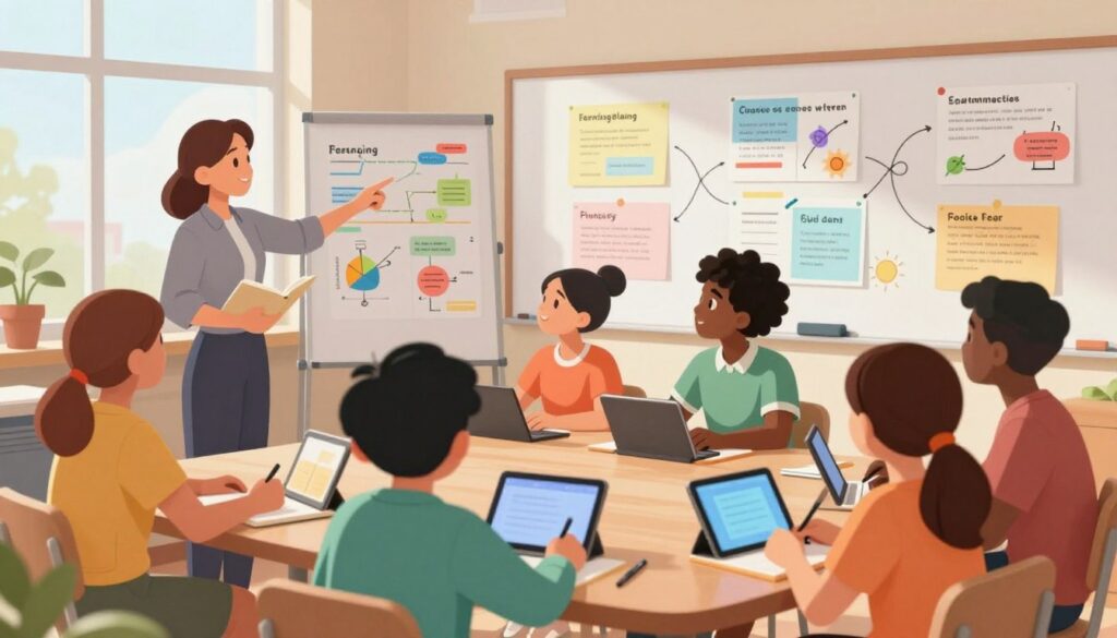 A vibrant classroom scene showcasing a diverse group of teachers and students engaged in an interactive content creation session. In the foreground, a teacher, dressed in professional attire, enthusiastically points to colorful charts filled with learning strategies. In the middle, students of various backgrounds collaborate around a table, brainstorming ideas with notebooks and digital tablets scattered about. The background features a large whiteboard filled with creative content themes and a sunny window, allowing natural light to illuminate the space. The atmosphere is energetic and inspiring, capturing the essence of collaboration and creativity in learning. The image is well-lit with a soft focus effect, emphasizing the dynamic interactions while maintaining clarity on the subject matter.