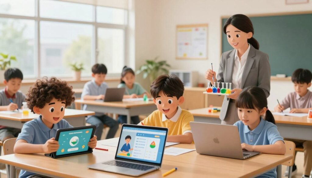 A vibrant classroom scene showcasing the balance between digital and hands-on learning. In the foreground, a diverse group of students engages with tablets and laptops, exploring interactive educational apps. In the middle ground, a teacher demonstrates a hands-on science experiment with colorful materials, while another group collaborates on a project using traditional tools like paper and markers. The background features a bright, modern classroom with large windows allowing natural light to pour in, creating a warm atmosphere. Use a shallow depth of field to highlight the students’ expressions of curiosity and excitement, while ensuring professional attire on all subjects. Capture the integration of technology and tangible learning tools, illustrating a harmonious educational environment. A vibrant classroom scene showcasing the balance between digital and hands-on learning. In the foreground, a diverse group of students engages with tablets and laptops, exploring interactive educational apps. In the middle ground, a teacher demonstrates a hands-on science experiment with colorful materials, while another group collaborates on a project using traditional tools like paper and markers. The background features a bright, modern classroom with large windows allowing natural light to pour in, creating a warm atmosphere. Use a shallow depth of field to highlight the students’ expressions of curiosity and excitement, while ensuring professional attire on all subjects. Capture the integration of technology and tangible learning tools, illustrating a harmonious educational environment.