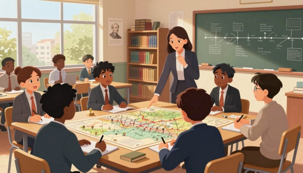 A vibrant classroom scene where a diverse group of students, dressed in professional business attire, engage deeply with historical artifacts and primary sources. In the foreground, a thoughtful teacher guides the students, pointing at a large historical map spread across a table, illuminated by warm, natural light streaming through large windows. The students, of various ethnic backgrounds, are seated around the table, some taking notes and others discussing animatedly. In the middle ground, bookshelves filled with historical texts create an inviting atmosphere, while posters of key historical figures adorn the walls. The background features a chalkboard with sketched timelines and diagrams, emphasizing an interconnected understanding of history. The scene conveys a mood of curiosity and intellectual engagement, showcasing the dynamic process of teaching students to think historically.