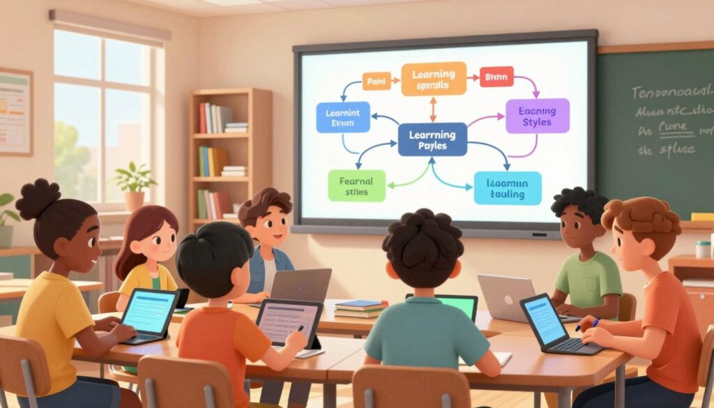 A vibrant classroom setting depicting personalized learning paths. In the foreground, a diverse group of students engaged in interactive learning on tablets and laptops, wearing smart casual attire. In the middle ground, a large digital display showcases colorful flowcharts and graphs illustrating various learning paths tailored to different learning styles. The background features bookshelves filled with educational resources and a large window allowing natural light to flood in, creating a warm and inviting atmosphere. Soft, diffused lighting enhances the scene, focusing on the students’ expressions of curiosity and engagement. The overall mood is one of inspiration and innovation, emphasizing the transformative impact of AI in education. A vibrant classroom setting depicting personalized learning paths. In the foreground, a diverse group of students engaged in interactive learning on tablets and laptops, wearing smart casual attire. In the middle ground, a large digital display showcases colorful flowcharts and graphs illustrating various learning paths tailored to different learning styles. The background features bookshelves filled with educational resources and a large window allowing natural light to flood in, creating a warm and inviting atmosphere. Soft, diffused lighting enhances the scene, focusing on the students’ expressions of curiosity and engagement. The overall mood is one of inspiration and innovation, emphasizing the transformative impact of AI in education.