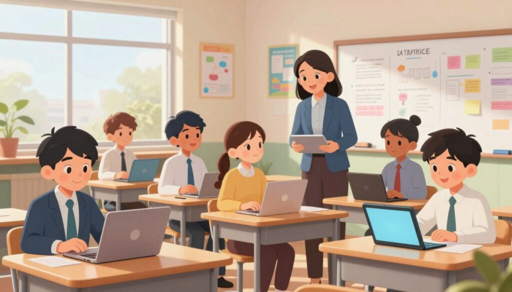 A vibrant classroom setting is depicted in the foreground, showcasing diverse students focused on learning, each engaged with various technology, such as laptops and tablets. They are dressed in professional business attire, reflecting a creative and supportive learning environment. In the middle ground, a teacher circulates among the students, offering guidance and assistance with a warm, encouraging expression. The background features a brightly lit classroom filled with educational posters and a whiteboard covered in colorful notes. Soft, natural light filters through large windows, casting a gentle glow, evoking a sense of collaboration and productivity. The overall mood is one of enthusiasm and empowerment, highlighting the theme of overcoming tech hurdles in education.