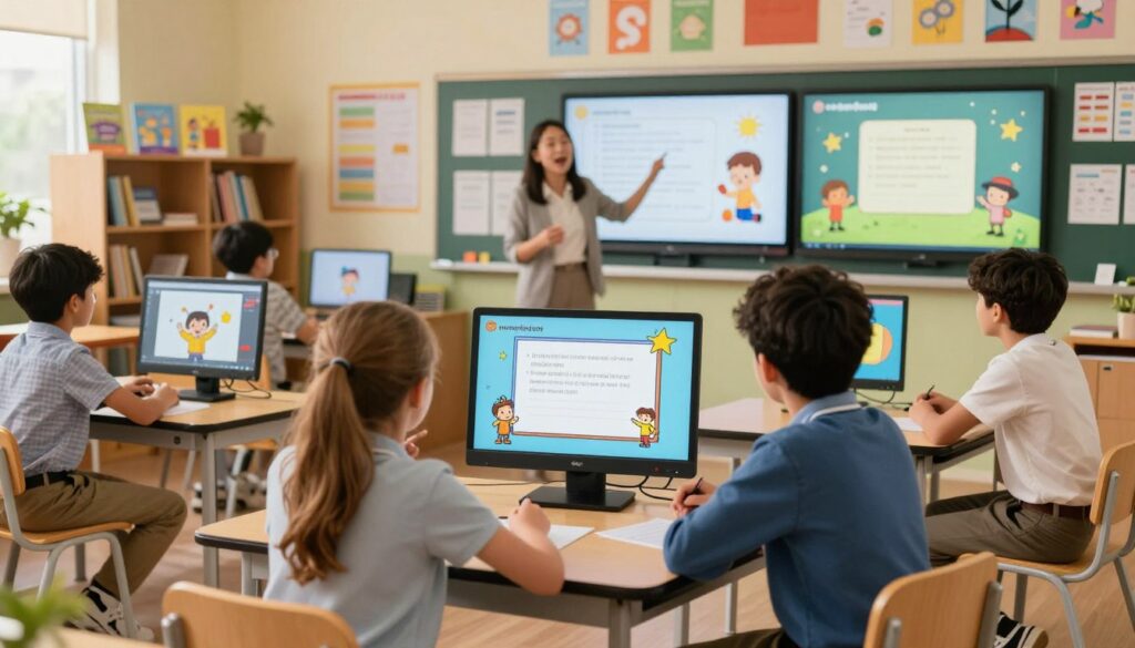 A vibrant classroom setting with diverse students engaged in interactive content videos displayed on modern screens. In the foreground, two students—one Caucasian and one Hispanic—are attentively watching and discussing the video, both dressed in smart casual attire. The middle ground features a teacher, an Asian female, guiding the class with enthusiasm, surrounded by colorful posters related to reading and writing. The background showcases bookshelves filled with educational materials and additional screens displaying various interactive content. Warm lighting creates an inviting atmosphere, emphasizing collaboration and engagement. The scene captures a moment of inspiration, highlighting creativity in a modern educational environment, using a wide-angle lens to provide a comprehensive view.