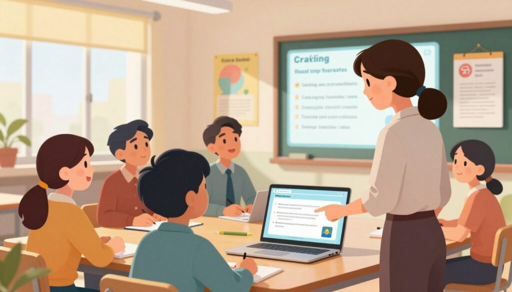 A vibrant, modern classroom setting filled with focused teachers engaged in collaborative discussion around a digital interface, emphasizing a reading comprehension question generator. In the foreground, a teacher in professional attire, standing at a sleek laptop, is demonstrating the software to a small group of attentive colleagues, all appearing enthusiastic and interested. The middle ground features colorful posters on the walls, showcasing key reading strategies and comprehension techniques. In the background, large windows let in soft, warm light, creating an inviting atmosphere. The scene captures a sense of teamwork and innovation, with an emphasis on the practical application of the tool in enhancing education. The image should have a bright, uplifting mood, perfect for inspiring educators. A vibrant, modern classroom setting filled with focused teachers engaged in collaborative discussion around a digital interface, emphasizing a reading comprehension question generator. In the foreground, a teacher in professional attire, standing at a sleek laptop, is demonstrating the software to a small group of attentive colleagues, all appearing enthusiastic and interested. The middle ground features colorful posters on the walls, showcasing key reading strategies and comprehension techniques. In the background, large windows let in soft, warm light, creating an inviting atmosphere. The scene captures a sense of teamwork and innovation, with an emphasis on the practical application of the tool in enhancing education. The image should have a bright, uplifting mood, perfect for inspiring educators.