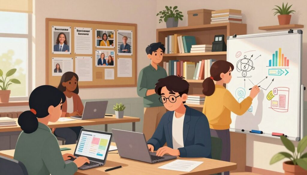 A vibrant, organized workspace showcasing a diverse group of students collaborating on a project. In the foreground, a focused student in professional attire analyzes data on a laptop, while another sketches ideas on a whiteboard filled with colorful diagrams. In the middle ground, a bulletin board displays pinned success stories with images of completed projects and smiling students. Soft, natural lighting filters in from a window, casting warm tones across the scene. In the background, shelves filled with educational materials and plants create an inviting atmosphere, suggesting growth and progress. The overall mood is one of determination and teamwork, capturing the essence of achievement in student-led projects.