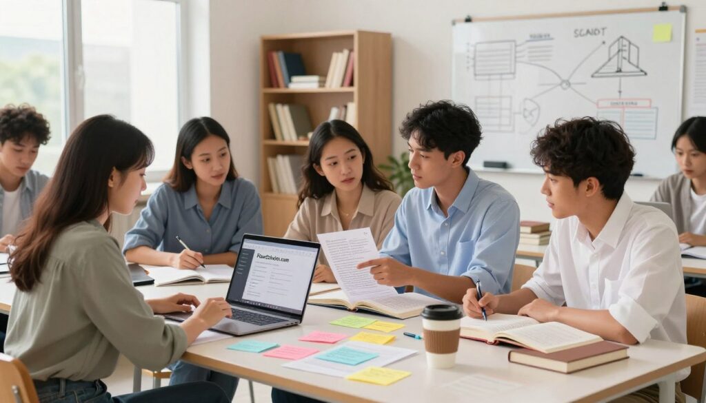 A vibrant study session scene in a modern, well-lit room, featuring a diverse group of students engaged in focused study. In the foreground, a neatly organized table with colorful notes, textbooks, a laptop displaying the FlowScholar.com interface, and a trendy coffee mug. In the middle, students of various ethnicities are seated—two women wearing business-casual attire and a man in a smart shirt—collaboratively discussing concepts, pointing at notes, and highlighting important points. The background shows shelves filled with books and a whiteboard filled with study diagrams. Soft, natural light streams in through a large window, creating an inviting and motivating atmosphere. Focus on clarity and detail to capture the essence of effective study practices.