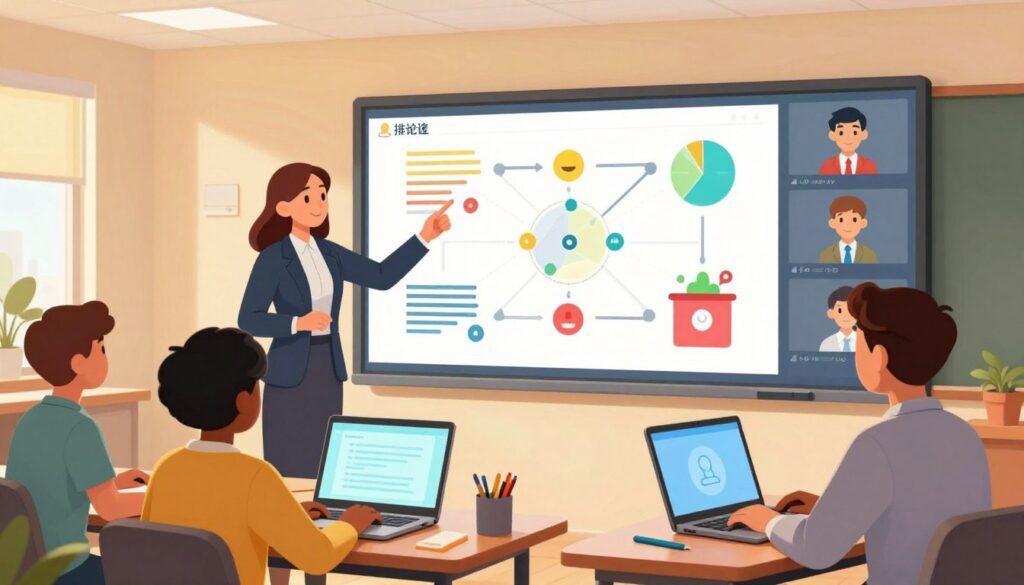 A vibrant virtual classroom scene showcasing interactive teaching strategies. In the foreground, a diverse group of four tutors, dressed in professional business attire, enthusiastically engaging with students on their laptops. The middle ground features a digital whiteboard filled with colorful charts, interactive tools, and educational graphics that illustrate various teaching methods. The background consists of a warm, inviting virtual environment with soft lighting, depicting virtual student avatars participating from different locations. The angle captures the dynamic interaction, emphasizing collaboration and engagement. The overall mood is energetic and inspiring, highlighting the innovative nature of virtual education.