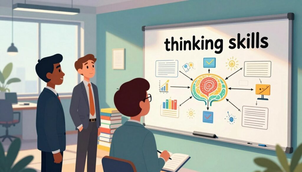 A visually engaging composition that symbolizes "thinking skills." In the foreground, a diverse group of three professionals in business attire, two men and one woman, are gathered around a large, interactive whiteboard filled with colorful diagrams and mind maps. The middle ground features stacks of books and open notebooks, representing knowledge and learning tools. In the background, a modern office space with large windows allows natural light to flood the room, creating an inspiring and vibrant atmosphere. Warm light contrasts with cool tones of blue and green, enhancing the thoughtful mood of the scene. A lens perspective slightly angled upward suggests growth and aspiration, emphasizing the importance of daily learning prompts in developing critical thinking skills. A visually engaging composition that symbolizes "thinking skills." In the foreground, a diverse group of three professionals in business attire, two men and one woman, are gathered around a large, interactive whiteboard filled with colorful diagrams and mind maps. The middle ground features stacks of books and open notebooks, representing knowledge and learning tools. In the background, a modern office space with large windows allows natural light to flood the room, creating an inspiring and vibrant atmosphere. Warm light contrasts with cool tones of blue and green, enhancing the thoughtful mood of the scene. A lens perspective slightly angled upward suggests growth and aspiration, emphasizing the importance of daily learning prompts in developing critical thinking skills.