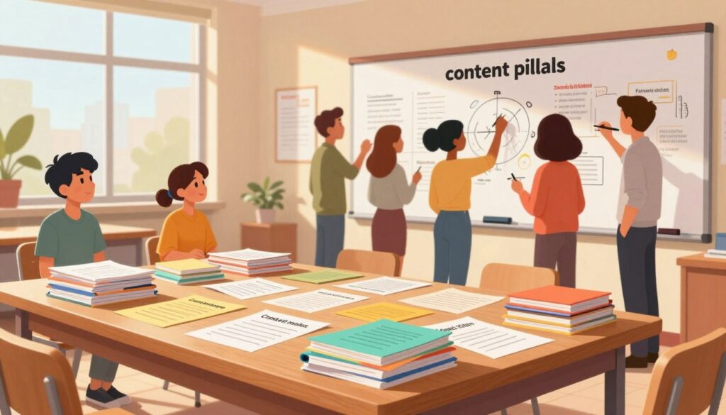 A visually engaging illustration of "content pillars" set in an academic environment. In the foreground, depict a large, sturdy wooden table covered with organized stacks of colorful papers representing different content types, such as worksheets, lesson plans, and multimedia resources. In the middle ground, feature a group of diverse teachers and students collaboratively discussing and writing on a large whiteboard filled with diagrams and notes about their content pillars and weekly rhythms. The background shows a well-lit classroom with natural sunlight filtering through large windows, casting soft shadows and giving a warm, inviting atmosphere. Use a soft focus to create depth, capturing the energy and collaboration among the individuals as they design their educational strategies.