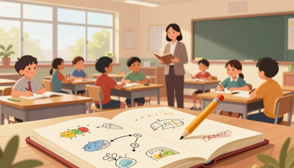 A visually engaging illustration of the core components of the flow experience. In the foreground, depict an open notebook with diverse, colorful sketches and flow diagrams symbolizing focus and engagement, alongside a pencil. The middle ground showcases a serene classroom setting with a teacher in modest, professional attire, facilitating a group of attentive elementary students engaged in various learning activities. The background reveals bright, natural light streaming through large windows, illuminating the room with a warm atmosphere. Use a wide-angle lens effect to capture the dynamic interaction between the teacher and students, enhancing the feeling of immersion and growth. The overall mood should be uplifting and inspiring, emphasizing collaboration, concentration, and creativity in the learning process.