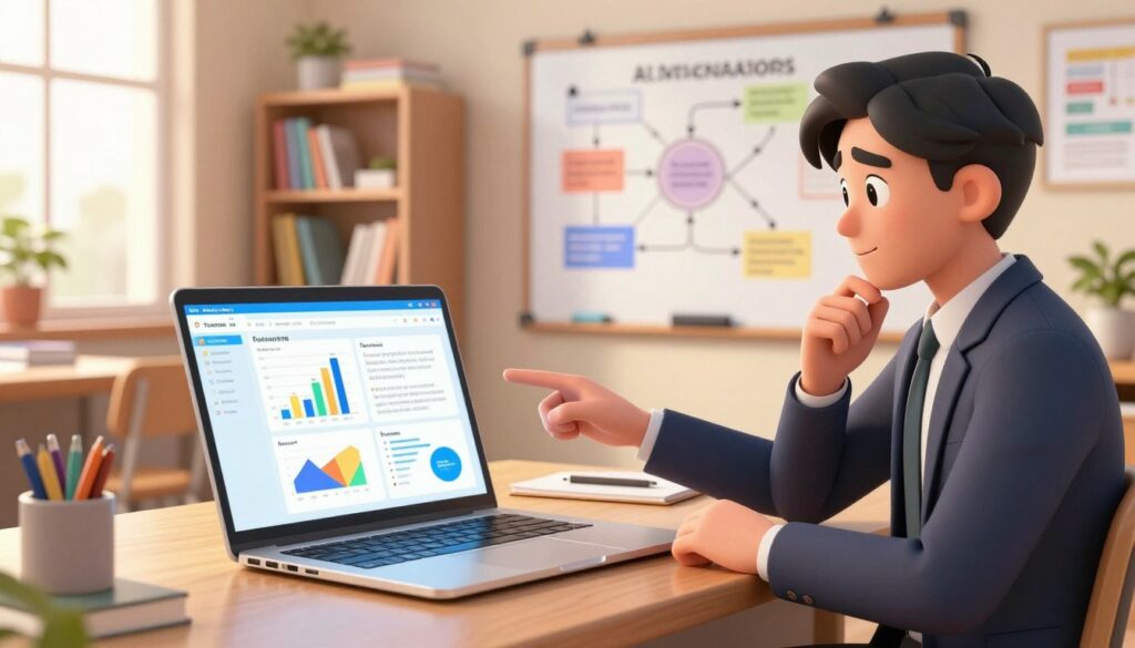 A visually engaging scene depicting an AI tutoring content generator in action. In the foreground, a sleek laptop with a vibrant screen displays colorful graphs and educational material tailored for tutoring. Beside it, a thoughtful tutor, dressed in professional business attire, analyzes the generated content, showcasing a look of inspiration. In the middle ground, a cozy study environment filled with bookshelves and educational resources creates a welcoming atmosphere, while a soft, warm light illuminates the space, indicating late afternoon. In the background, a smart whiteboard displays flow diagrams and lesson plans, emphasizing the collaborative nature of AI in education. The composition conveys a mood of innovation and professionalism, reflecting the transformative potential of AI in personalized tutoring.