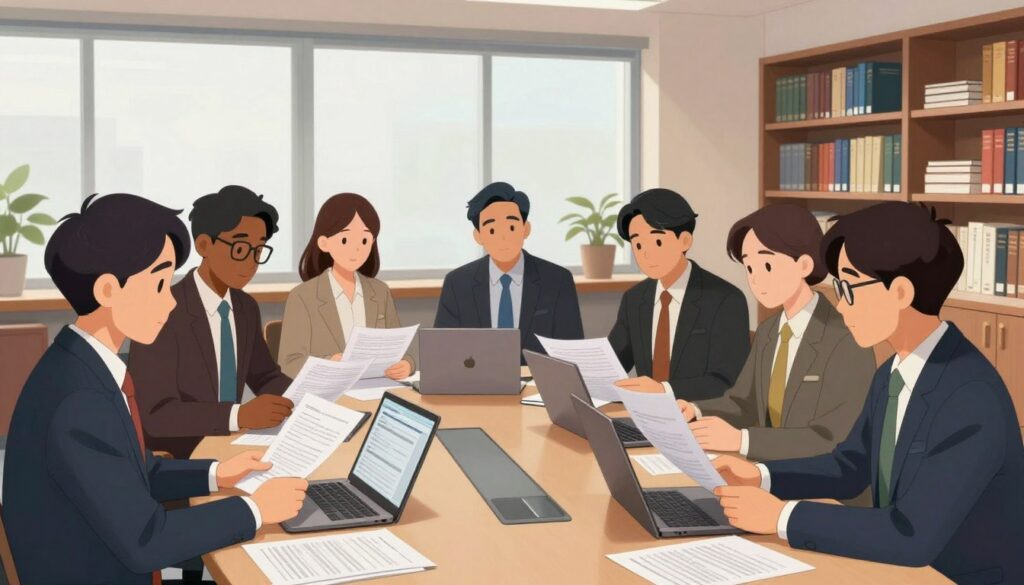 A visually engaging scene depicting the peer review process for an academic journal, set in a modern office environment. In the foreground, a diverse group of scholars, dressed in professional business attire, are gathered around a large conference table. They are focused on reviewing manuscripts, with stacks of papers and laptops open, highlighting an atmosphere of collaboration. In the middle ground, large windows let in soft, natural light, creating a warm yet professional ambiance. The background features bookshelves filled with academic journals and reference materials, emphasizing a scholarly atmosphere. The lens perspective is slightly elevated to capture the expressions of concentration and discussion among the reviewers, conveying the importance of credibility and thoroughness in academic publishing. The mood is serious yet collegial, reflecting the integrity of the peer review process in upholding academic standards. A visually engaging scene depicting the peer review process for an academic journal, set in a modern office environment. In the foreground, a diverse group of scholars, dressed in professional business attire, are gathered around a large conference table. They are focused on reviewing manuscripts, with stacks of papers and laptops open, highlighting an atmosphere of collaboration. In the middle ground, large windows let in soft, natural light, creating a warm yet professional ambiance. The background features bookshelves filled with academic journals and reference materials, emphasizing a scholarly atmosphere. The lens perspective is slightly elevated to capture the expressions of concentration and discussion among the reviewers, conveying the importance of credibility and thoroughness in academic publishing. The mood is serious yet collegial, reflecting the integrity of the peer review process in upholding academic standards.