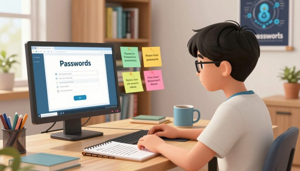 A visually engaging scene depicting the process of creating strong passwords, featuring a young student in a modest casual outfit, sitting at a well-organized desk. In the foreground, a computer screen displays a password generator and a notepad filled with complex password ideas. The middle ground includes colorful sticky notes with tips for crafting unique passwords and a mug of coffee. In the background, a bookshelf filled with cybersecurity books and an inspirational poster about digital safety enhances the learning atmosphere. Use soft, natural lighting to create a warm and focused mood, captured from an angle that highlights both the student’s concentration and the engaging desktop environment. A visually engaging scene depicting the process of creating strong passwords, featuring a young student in a modest casual outfit, sitting at a well-organized desk. In the foreground, a computer screen displays a password generator and a notepad filled with complex password ideas. The middle ground includes colorful sticky notes with tips for crafting unique passwords and a mug of coffee. In the background, a bookshelf filled with cybersecurity books and an inspirational poster about digital safety enhances the learning atmosphere. Use soft, natural lighting to create a warm and focused mood, captured from an angle that highlights both the student’s concentration and the engaging desktop environment.