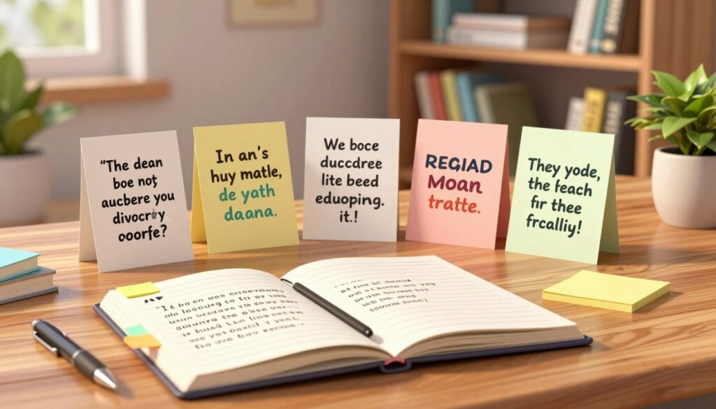 A visually engaging workspace featuring an open notebook and a selection of printed quotes scattered across a polished wooden desk. In the foreground, the notebook is adorned with colorful sticky notes, and a pen lies nearby. The middle ground showcases inspirational quotes elegantly styled on individual cards, each with a distinct font and vibrant colors. In the background, a softly lit bookshelf filled with educational materials adds depth, while a potted plant brings a touch of nature. The overall lighting is warm and inviting, creating an atmosphere of reflection and curiosity. The scene should inspire a sense of purpose and motivation for educators choosing impactful messages.