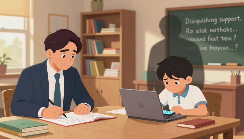A visually striking split-scene image illustrating the theme of "distinguishing support and cheating." In the foreground on the left, a parent is sitting at a dining table, intently helping a child with homework, surrounded by books and colorful worksheets, both wearing professional business attire and showing expressions of engagement and focus. In the middle ground, on the right, another child sits at a desk with a laptop open, looking stressed while glancing at a hidden phone displaying answers, with a shadowy figure of a scheming classmate looming behind them. In the background, a cozy home study with warm lighting, bookshelves filled with educational material, and a chalkboard that shows positive reinforcement messages and examples. The atmosphere conveys a nurturing yet alert environment, emphasizing the contrast between productive support and academic dishonesty.