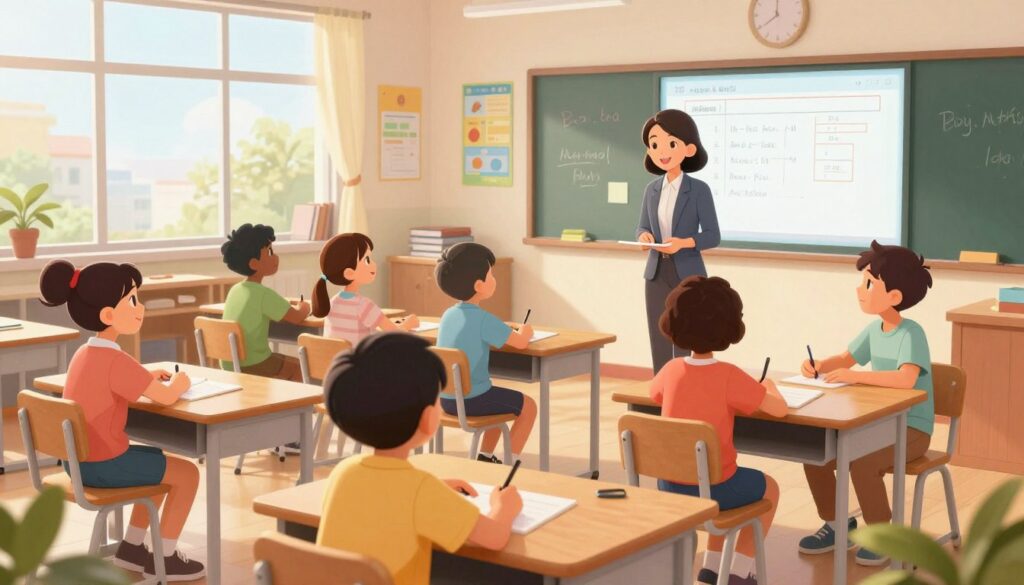 A well-organized and vibrant classroom setting emphasizing effective classroom management. In the foreground, a diverse group of engaged students, dressed in modest casual clothing, participating in a group activity at neatly arranged desks. In the middle ground, a focused teacher, in professional attire, interacting with students, displaying a welcoming smile. In the background, colorful educational posters adorn the walls, while a whiteboard displays a well-structured lesson plan. Soft, natural lighting filters through large windows, creating a warm atmosphere. The angle is slightly elevated, allowing a clear view of the entire scene, conveying a sense of collaboration, productivity, and organization, reflecting an inviting and efficient learning environment.