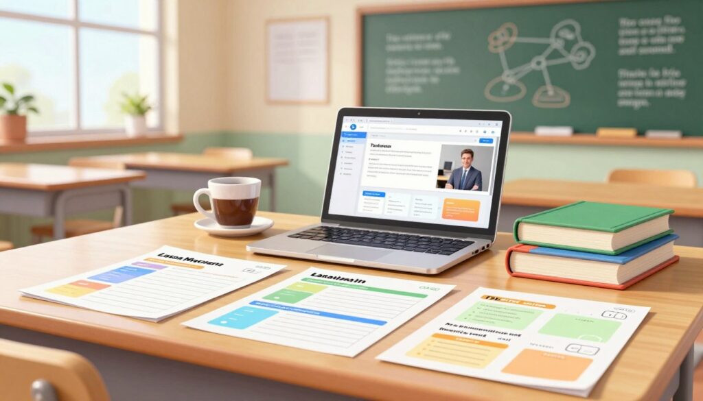 A well-organized classroom desk scene as the foreground, showcasing colorful lesson plans spread out on high-quality paper, with neatly categorized sections and clear headings. In the middle, include an open laptop displaying a dynamic educational platform interface, with a cup of coffee and a stack of textbooks beside it, symbolizing productivity. In the background, a bright and airy classroom environment featuring a chalkboard filled with educational diagrams and inspiring quotes. Soft, natural lighting filters through large windows, creating a warm and inviting atmosphere. The composition should evoke a sense of focus, creativity, and professionalism, ideal for illustrating educational productivity tools.