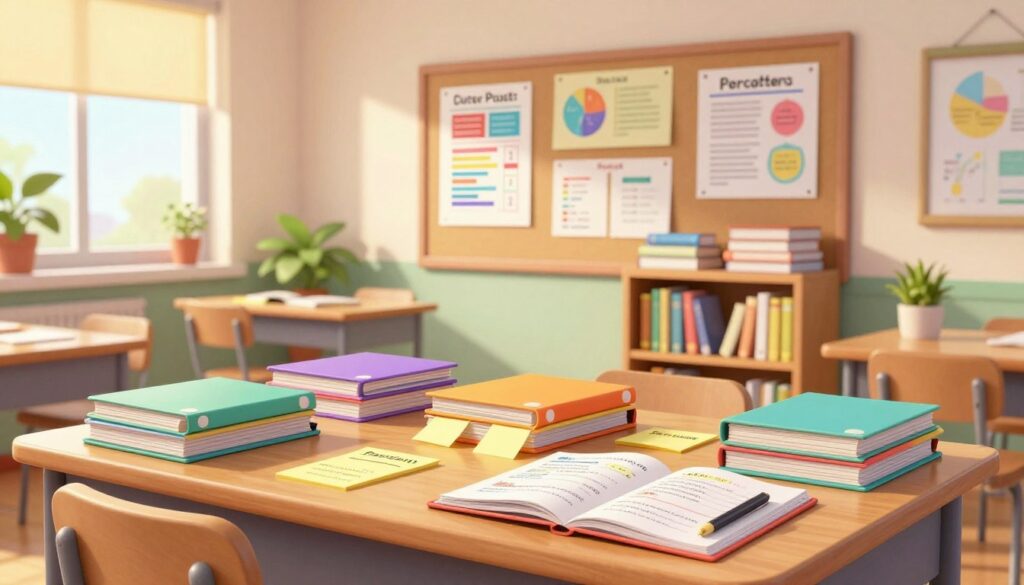 A well-organized classroom scene showcasing effective content strategies for educators. In the foreground, a large wooden desk is cluttered with colorful folders labeled by subject, neatly arranged sticky notes, and an open notebook filled with organized lesson plans. In the middle ground, a corkboard displays a variety of visual aids, including charts and infographics, while a bookshelf is stacked with reference materials. The background features a bright, inviting classroom with windows allowing warm natural light to illuminate the space. Soft shadows cast by plants enhance the calm atmosphere, with a focus on professionalism and creativity. The overall mood is inspiring and focused, symbolizing the transformation of teacher notes into valuable study assets.