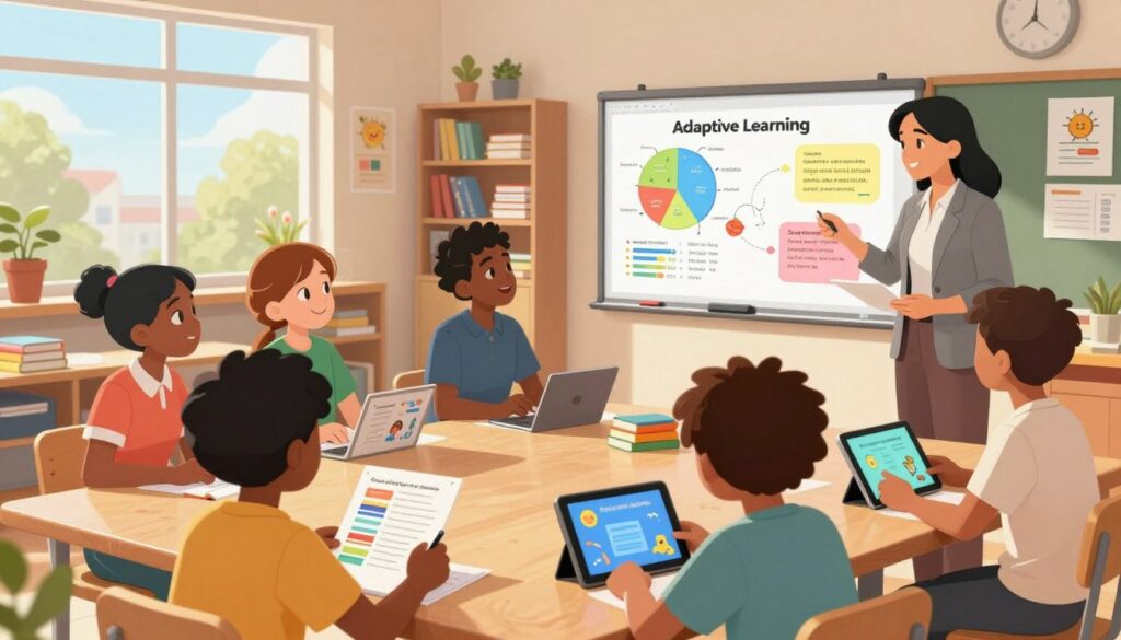 A well-organized classroom setting, showcasing a diverse group of educators and learners interacting with customized educational materials. In the foreground, a teacher in professional attire collaborates with students of different backgrounds, examining colorful worksheets and interactive digital tablets tailored for various learning styles. In the middle ground, a whiteboard displays vibrant charts and diagrams illustrating adaptive learning techniques. The background features shelves filled with educational resources, such as books and posters. Natural sunlight pours through large windows, creating a warm and inviting atmosphere that encourages engagement. The focus is on teamwork and inclusivity, emphasizing the importance of catering to diverse educational needs. Shot with a slight-angle perspective to evoke depth and dynamism. A well-organized classroom setting, showcasing a diverse group of educators and learners interacting with customized educational materials. In the foreground, a teacher in professional attire collaborates with students of different backgrounds, examining colorful worksheets and interactive digital tablets tailored for various learning styles. In the middle ground, a whiteboard displays vibrant charts and diagrams illustrating adaptive learning techniques. The background features shelves filled with educational resources, such as books and posters. Natural sunlight pours through large windows, creating a warm and inviting atmosphere that encourages engagement. The focus is on teamwork and inclusivity, emphasizing the importance of catering to diverse educational needs. Shot with a slight-angle perspective to evoke depth and dynamism.