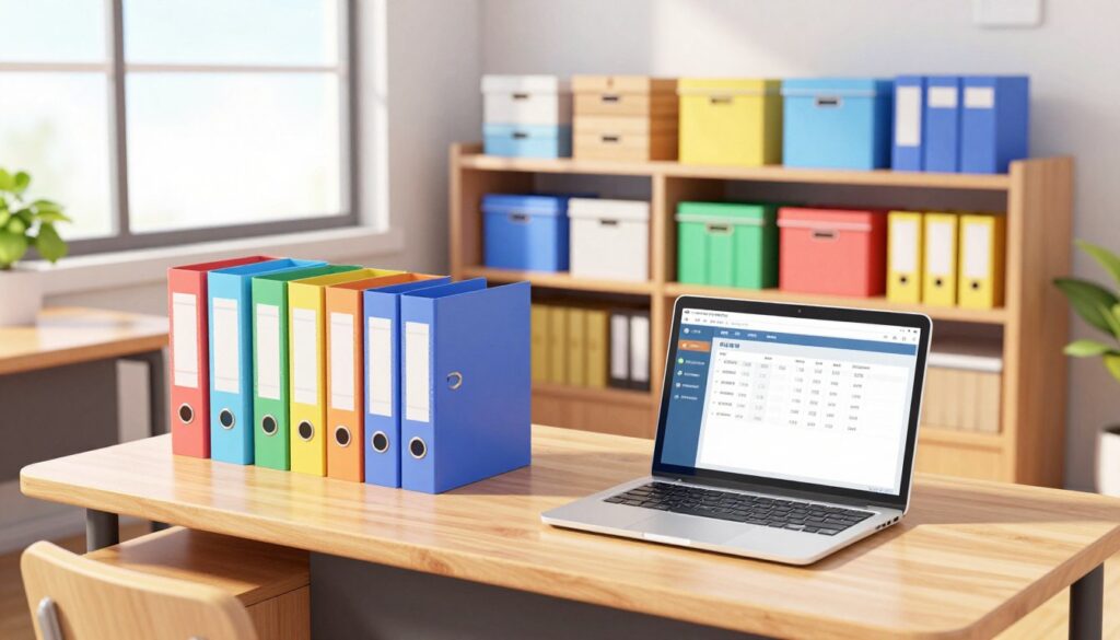 A well-organized school document management system set in a bright, modern office environment. In the foreground, a stylish wooden desk is neatly arranged with colorful file organizers, labeled binders, and a laptop open to a document management software interface. In the middle ground, shelves lined with neatly stacked boxes and labeled folders, showcasing a color-coded organization system. The background features large windows allowing natural light to flood the space, enhancing the clean and orderly atmosphere. Soft shadows create a calm mood, while a hint of greenery from potted plants adds a refreshing touch. The overall composition is focused from a slightly elevated angle, emphasizing the structure and clarity of the organization system.