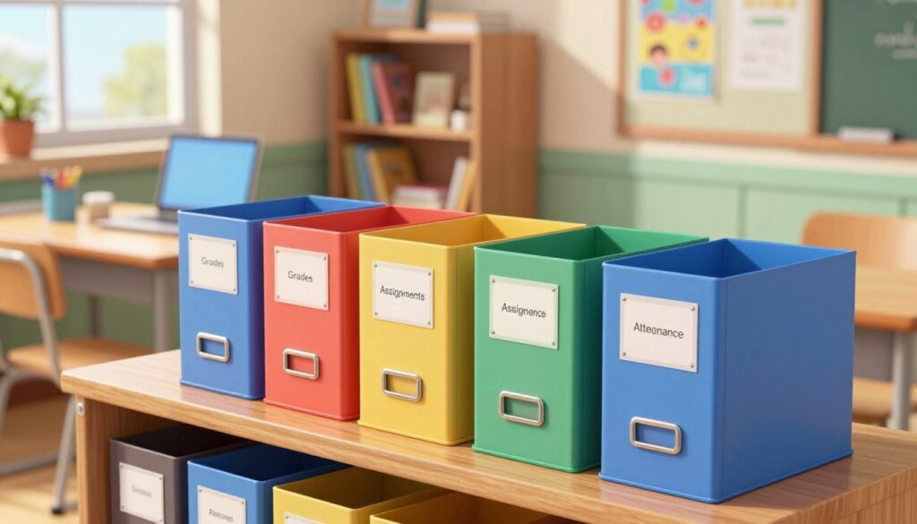 A well-organized school file box system, prominently displayed in the foreground, featuring labeled file boxes in vibrant colors stacked neatly on a sturdy wooden shelf. Each box is clearly marked with categories like "Grades," "Assignments," and "Attendance," showcasing an efficient filing method. In the middle ground, a tidy desk with a laptop and office supplies reflects a productive workspace, illuminated by soft natural light streaming through a nearby window. A background of a classroom, subtly blurred, includes shelves filled with books and educational posters, enhancing the academic atmosphere. The overall mood conveys a sense of orderliness and professionalism, ideal for maintaining a structured educational environment. The image is captured from a slightly elevated angle, emphasizing the organized setup without any text or distractions.
