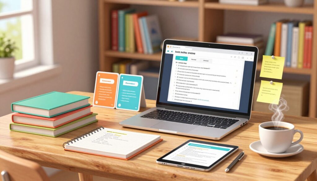 A well-organized study space featuring an array of vibrant study materials. In the foreground, a neatly arranged wooden desk holds a stack of colorful textbooks, spiral notebooks, and a tablet displaying digital notes. Beside the desk, an inviting cup of coffee emits steam, adding a cozy touch. In the middle ground, an open laptop showcases a user-friendly interface with quiz questions and study guides generated by an AI. Various colorful flashcards and sticky notes add pops of color, revealing key concepts. The background displays a softly lit bookshelf filled with educational resources, enhancing the academic atmosphere. Natural light streams in from a nearby window, creating a warm and encouraging mood, suitable for productive study sessions. A well-organized study space featuring an array of vibrant study materials. In the foreground, a neatly arranged wooden desk holds a stack of colorful textbooks, spiral notebooks, and a tablet displaying digital notes. Beside the desk, an inviting cup of coffee emits steam, adding a cozy touch. In the middle ground, an open laptop showcases a user-friendly interface with quiz questions and study guides generated by an AI. Various colorful flashcards and sticky notes add pops of color, revealing key concepts. The background displays a softly lit bookshelf filled with educational resources, enhancing the academic atmosphere. Natural light streams in from a nearby window, creating a warm and encouraging mood, suitable for productive study sessions.