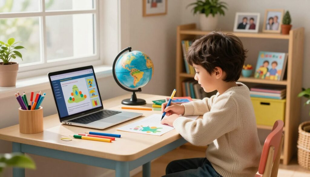A young child, around 8 years old, sitting at a colorful, well-organized study table, engaged in a hands-on learning activity. The child, wearing a cozy sweater and jeans, is surrounded by art supplies like markers, paper, and a small globe. In the foreground, a laptop displays engaging educational content, with warm natural light streaming through a nearby window, casting a soft glow on the scene. The background features a bookshelf filled with educational materials, plants, and family photographs, creating a cozy and inviting atmosphere. A sense of curiosity and joy is palpable, highlighting the balance between technology and tactile learning experiences in a homeschool setting. A young child, around 8 years old, sitting at a colorful, well-organized study table, engaged in a hands-on learning activity. The child, wearing a cozy sweater and jeans, is surrounded by art supplies like markers, paper, and a small globe. In the foreground, a laptop displays engaging educational content, with warm natural light streaming through a nearby window, casting a soft glow on the scene. The background features a bookshelf filled with educational materials, plants, and family photographs, creating a cozy and inviting atmosphere. A sense of curiosity and joy is palpable, highlighting the balance between technology and tactile learning experiences in a homeschool setting.