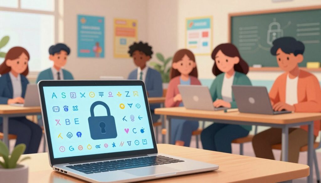 An artistic composition illustrating the concepts of strong passwords and multi-factor authentication. In the foreground, a close-up of a sleek laptop with a digital lock icon displayed on the screen, surrounded by a colorful array of symbolic characters representing complex passwords. The middle ground features a diverse group of students in professional attire engaging with their devices, showcasing a teamwork atmosphere. In the background, a modern classroom with vibrant, tech-friendly decor, including posters about digital security best practices. Soft, diffused lighting creates a warm, inviting ambiance, and a shallow depth of field adds focus to the interaction between the students and their technology. The overall mood conveys a sense of responsibility and awareness towards digital hygiene.