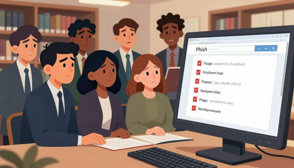 An educational scene depicting a computer screen displaying a phishing email alongside a checklist of red flags. In the foreground, the computer screen is clearly visible with warning signs like misspellings, suspicious links, and generic greetings. The middle layer shows a diverse group of students in professional attire, attentively studying the screen, with expressions of concern and focus. The background features a library setting with bookshelves and soft, warm lighting to create an inviting atmosphere. The scene conveys a sense of urgency and caution, highlighting the importance of recognizing phishing attempts. The camera angle is slightly tilted to capture both the screen and the students’ reactions effectively.