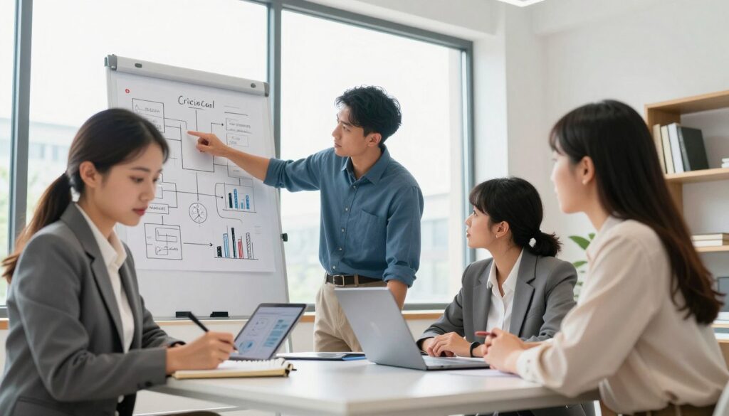 In a bright, modern office setting, a diverse group of three professionals engaged in a collaborative problem-solving session. In the foreground, a woman in professional attire takes notes on a tablet, her expression focused. Next to her, a man points to a whiteboard filled with flowcharts and graphs, looking intently at a woman across the table, who is analyzing data on her laptop. The middle ground shows a large window allowing natural light to flood the room, enhancing the intellectual atmosphere. In the background, shelves with books on critical thinking and innovation are visible. The image conveys a mood of teamwork and resourcefulness, emphasizing a constructive approach to everyday challenges. The lens captures this scene in a slight upward angle, adding depth and engagement to the scenario. In a bright, modern office setting, a diverse group of three professionals engaged in a collaborative problem-solving session. In the foreground, a woman in professional attire takes notes on a tablet, her expression focused. Next to her, a man points to a whiteboard filled with flowcharts and graphs, looking intently at a woman across the table, who is analyzing data on her laptop. The middle ground shows a large window allowing natural light to flood the room, enhancing the intellectual atmosphere. In the background, shelves with books on critical thinking and innovation are visible. The image conveys a mood of teamwork and resourcefulness, emphasizing a constructive approach to everyday challenges. The lens captures this scene in a slight upward angle, adding depth and engagement to the scenario.