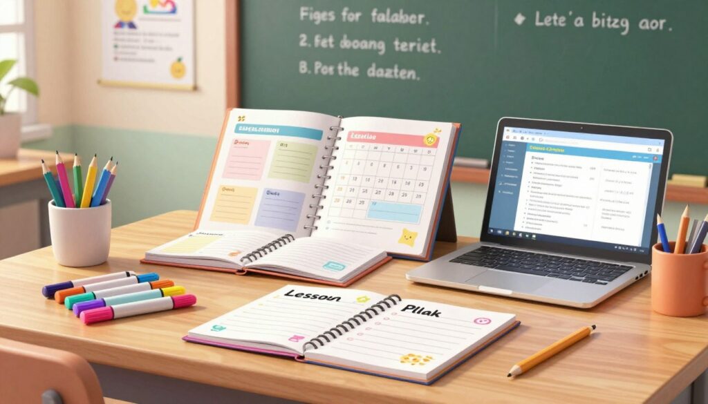 A beautifully arranged teacher's desk showcasing a detailed lesson plan on a stylish notepad. In the foreground, a colorful set of markers, a laptop displaying educational resources, and a cup of freshly sharpened pencils add brightness. In the middle ground, an open planner filled with notes and a calendar highlighting important dates suggests organization. The background features a chalkboard with neatly written reminders and an inspiring educational poster. Soft natural light illuminates the scene, with a warm glow enhancing the focus on thoughtful preparation. The atmosphere is calm and professional, ideal for fostering creativity and clarity in substitute teaching materials.