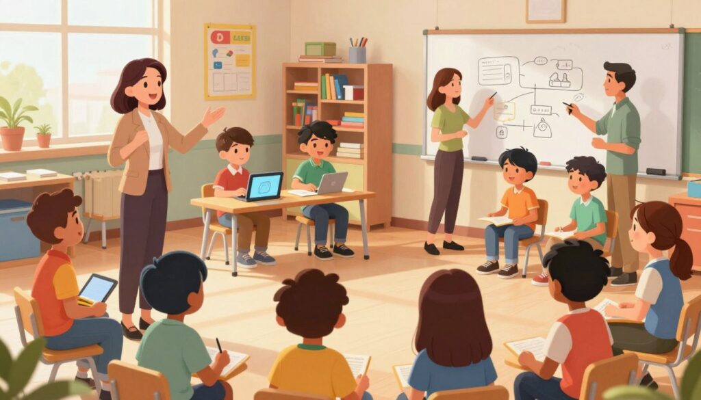 A bright and engaging classroom setting filled with diverse teachers and students actively participating in a variety of warm-up activities. In the foreground, a teacher, dressed in professional attire, enthusiastically explains a group exercise to a circle of attentive students, who are clad in casual yet appropriate clothing. In the middle, two groups of students are collaborating on different tasks, one using a digital tablet to generate ideas while another group discusses their thoughts on a whiteboard. The background shows colorful educational posters and shelves filled with resources, enhancing the learning atmosphere. Soft, natural lighting filters through the windows, creating a cheerful and motivating environment that encourages creativity and engagement. The angle captures the collaborative spirit and interaction among the participants. A bright and engaging classroom setting filled with diverse teachers and students actively participating in a variety of warm-up activities. In the foreground, a teacher, dressed in professional attire, enthusiastically explains a group exercise to a circle of attentive students, who are clad in casual yet appropriate clothing. In the middle, two groups of students are collaborating on different tasks, one using a digital tablet to generate ideas while another group discusses their thoughts on a whiteboard. The background shows colorful educational posters and shelves filled with resources, enhancing the learning atmosphere. Soft, natural lighting filters through the windows, creating a cheerful and motivating environment that encourages creativity and engagement. The angle captures the collaborative spirit and interaction among the participants.