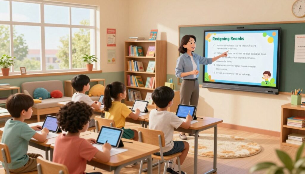 A bright and inviting classroom setting filled with natural light streaming through large windows. In the foreground, a teacher in modest casual clothing enthusiastically points to a colorful digital display showcasing reading passages and questions. On the desks, students of diverse backgrounds are engaged with tablets and worksheets, immersed in their reading tasks. The middle ground features bookshelves stuffed with various reading materials, while motivational posters adorn the walls. In the background, a cozy reading nook is visible, with plush seating and a soft rug inviting quiet study. The overall atmosphere is collaborative and inspiring, emphasizing a love for reading and learning. The scene has a warm, productive vibe, captured from a slightly elevated angle to encompass both teacher and students in dynamic interaction.
