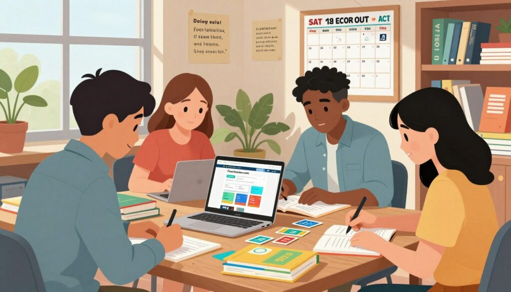 A bright and inviting study space designed for students preparing for the SAT and ACT, featuring a wooden desk cluttered with colorful study materials: textbooks, flashcards, and a laptop displaying the FlowScholar.com homepage. In the foreground, a diverse group of three students—two males and one female—are deeply engaged in studying together, dressed in casual yet professional attire such as button-up shirts and blouses. The middle layer showcases a bulletin board with motivational quotes and a calendar marked with study goals. The background contains a large window with natural light streaming in, plants adding a touch of greenery, and shelves filled with educational resources. The mood is focused and collaborative, emphasizing the importance of effective study tools in achieving academic success. A bright and inviting study space designed for students preparing for the SAT and ACT, featuring a wooden desk cluttered with colorful study materials: textbooks, flashcards, and a laptop displaying the FlowScholar.com homepage. In the foreground, a diverse group of three students—two males and one female—are deeply engaged in studying together, dressed in casual yet professional attire such as button-up shirts and blouses. The middle layer showcases a bulletin board with motivational quotes and a calendar marked with study goals. The background contains a large window with natural light streaming in, plants adding a touch of greenery, and shelves filled with educational resources. The mood is focused and collaborative, emphasizing the importance of effective study tools in achieving academic success.