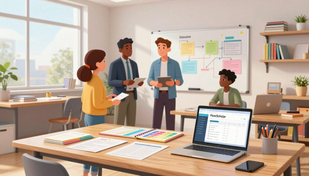 A bright and modern workspace designed for tutors and interventionists focused on streamlining their weekly workflow. In the foreground, a sleek wooden desk with organized papers, colorful planners, and a laptop displaying the FlowScholar interface. In the middle, a diverse group of three professionals - a woman in smart casual attire, a man in business attire, and a young tutor in modest clothing - collaborating, discussing strategies, and exchanging ideas. In the background, a whiteboard filled with colorful diagrams and tasks, and shelves with educational resources and books. Soft, natural light streams in through large windows, creating an inviting atmosphere that promotes productivity and teamwork. A wide-angle view to capture the sense of space and collaboration. A bright and modern workspace designed for tutors and interventionists focused on streamlining their weekly workflow. In the foreground, a sleek wooden desk with organized papers, colorful planners, and a laptop displaying the FlowScholar interface. In the middle, a diverse group of three professionals - a woman in smart casual attire, a man in business attire, and a young tutor in modest clothing - collaborating, discussing strategies, and exchanging ideas. In the background, a whiteboard filled with colorful diagrams and tasks, and shelves with educational resources and books. Soft, natural light streams in through large windows, creating an inviting atmosphere that promotes productivity and teamwork. A wide-angle view to capture the sense of space and collaboration.