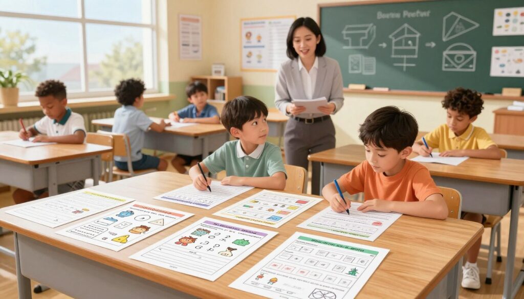 A bright and organized classroom setting featuring a large wooden desk in the foreground, cluttered with colorful printed practice worksheets spread out, showcasing a variety of subjects such as math, reading, and science. In the middle ground, a teacher dressed in smart casual attire is actively engaging with a group of diverse students, all interacting with their own worksheets on their desks. The background displays a chalkboard filled with diagrams and educational posters, bathed in warm, natural light streaming in through large windows. The overall atmosphere is focused and collaborative, highlighting an effective integration of printable practice into a daily lesson plan. Capture the scene from a slightly elevated angle to emphasize the interaction between the teacher and students. A bright and organized classroom setting featuring a large wooden desk in the foreground, cluttered with colorful printed practice worksheets spread out, showcasing a variety of subjects such as math, reading, and science. In the middle ground, a teacher dressed in smart casual attire is actively engaging with a group of diverse students, all interacting with their own worksheets on their desks. The background displays a chalkboard filled with diagrams and educational posters, bathed in warm, natural light streaming in through large windows. The overall atmosphere is focused and collaborative, highlighting an effective integration of printable practice into a daily lesson plan. Capture the scene from a slightly elevated angle to emphasize the interaction between the teacher and students.
