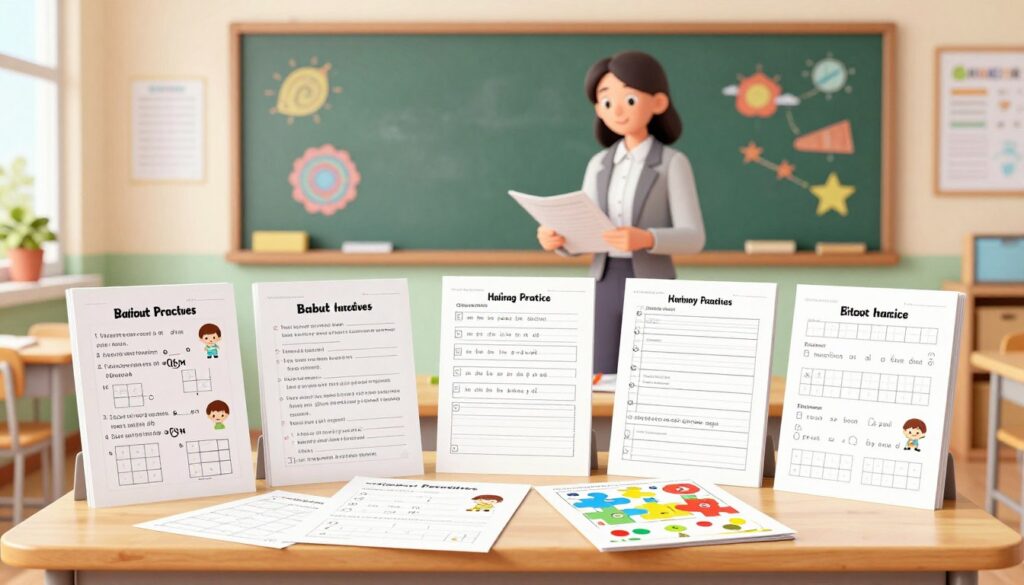 A bright and organized classroom setting where a collection of colorful practice worksheets is prominently displayed on a wooden table. The foreground features neatly stacked papers with various educational activities, including math problems, reading comprehension passages, and fun puzzles, all designed to engage students. In the middle of the image, a teacher in professional attire is arranging the worksheets, showing a look of satisfaction and dedication. The background showcases a chalkboard filled with colorful educational drawings and charts, adding a vibrant and encouraging atmosphere. Soft, natural lighting filters through a nearby window, creating a warm and inviting feel. The overall mood is focused yet inspiring, emphasizing the importance of extra practice in enhancing classroom learning.