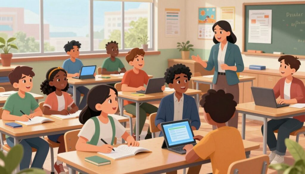 A bright, engaging classroom scene filled with diverse students from various backgrounds, seated at desks and actively participating in a formative assessment activity. In the foreground, a multi-ethnic group of students, dressed in professional or modest casual clothing, is collaborating, sharing ideas, and discussing their work enthusiastically. The middle ground showcases a teacher guiding the students, offering support and encouragement, while digital tools like tablets and laptops are visibly aiding the assessment process. In the background, large windows let in natural light, creating an inviting atmosphere filled with educational posters and resources. The overall mood is one of energy, focus, and collaboration, accentuating the importance of overcoming challenges in student assessment through innovative learning methods.