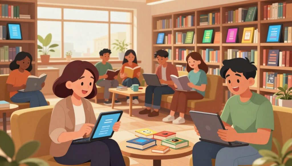 A bright, inviting library filled with diverse individuals engaged in reading various digital eBooks on tablets and laptops. In the foreground, a middle-aged woman in professional attire is enthusiastically discussing a blog-to-eBook concept with a young man in smart casual clothing, both surrounded by colorful book covers that suggest a wide range of topics. In the middle, a cozy seating area features a group of friends laughing and sharing ideas about the eBooks. The background showcases tall shelves filled with both traditional books and vibrant eBooks displayed on screens. Soft, warm lighting filters through large windows, creating a welcoming atmosphere. The composition captures the essence of knowledge sharing and the excitement of reaching new audiences beyond social media, encouraging collaboration and creativity in a productive environment.