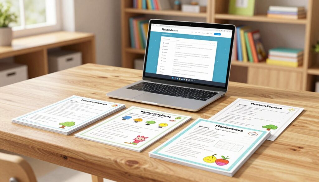 A bright, inviting workspace featuring neatly arranged worksheets on a large wooden table. In the foreground, a stack of colorful, printed worksheets with engaging graphics and clear instructions, showcasing various educational topics. In the middle ground, a laptop open to the FlowScholar.com website, displaying a user-friendly interface with a section for printable practice materials. The background features a well-organized bookshelf with educational books and supplies, enhancing the studious atmosphere. Soft, natural light filters through a nearby window, creating a warm and inviting mood. The scene captures a sense of productivity and enthusiasm for learning, with no people or distractions present. A bright, inviting workspace featuring neatly arranged worksheets on a large wooden table. In the foreground, a stack of colorful, printed worksheets with engaging graphics and clear instructions, showcasing various educational topics. In the middle ground, a laptop open to the FlowScholar.com website, displaying a user-friendly interface with a section for printable practice materials. The background features a well-organized bookshelf with educational books and supplies, enhancing the studious atmosphere. Soft, natural light filters through a nearby window, creating a warm and inviting mood. The scene captures a sense of productivity and enthusiasm for learning, with no people or distractions present.