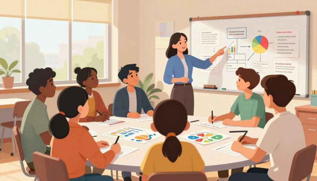 A bright, modern classroom environment focused on curriculum compacting strategies. In the foreground, a diverse group of students, all in professional and modest casual clothing, collaborate around a large table, engaged in dynamic discussions over charts and colorful diagrams illustrating different learning strategies. In the middle ground, a teacher, dressed in smart casual attire, facilitates the group, pointing towards a whiteboard filled with strategic ideas and key points. The background features large windows allowing natural light to flood the space, creating an inviting and energetic atmosphere. The composition captures a sense of collaboration and innovation, with vibrant colors that reflect creativity and engagement in education. Use soft lighting with a warm tone to enhance the positive mood. A bright, modern classroom environment focused on curriculum compacting strategies. In the foreground, a diverse group of students, all in professional and modest casual clothing, collaborate around a large table, engaged in dynamic discussions over charts and colorful diagrams illustrating different learning strategies. In the middle ground, a teacher, dressed in smart casual attire, facilitates the group, pointing towards a whiteboard filled with strategic ideas and key points. The background features large windows allowing natural light to flood the space, creating an inviting and energetic atmosphere. The composition captures a sense of collaboration and innovation, with vibrant colors that reflect creativity and engagement in education. Use soft lighting with a warm tone to enhance the positive mood.