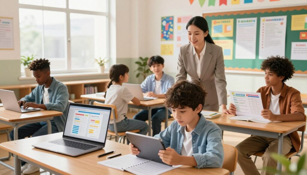 A bright, modern classroom scene featuring a diverse group of students engaged in evaluating their progress with various educational tools. In the foreground, a focused student using a tablet, while another reviews progress charts on a laptop. In the middle, a supportive teacher assists students, surrounded by colorful educational materials highlighting achievements and goals. The background shows bulletin boards filled with motivational posters and progress displays. Natural light floods in through large windows, creating an uplifting and encouraging atmosphere. The scene captures a sense of collaboration, determination, and optimism for learning. The subjects, including students and the teacher, are dressed in professional business attire or modest casual clothing, emphasizing a focused educational environment. The angle is slightly elevated to capture the dynamic interaction in the classroom.