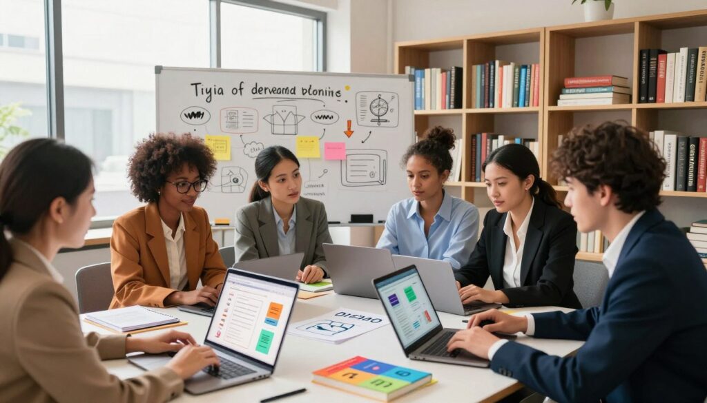 A bright, modern workspace filled with digital tools and resources. In the foreground, a diverse group of professionals in smart business attire collaborates over a sleek table, surrounded by laptops, colorful eBook covers, and notes about digital products. The middle ground features a large whiteboard overflowing with creative ideas and strategies for monetizing expertise, illuminated by warm, natural lighting from large windows. In the background, shelves filled with books on entrepreneurship and marketing create a scholarly atmosphere. The scene conveys a sense of productive collaboration and innovation, emphasizing the potential of digital products like eBooks to generate income. The lens captures a close-up view, focusing on the engaged faces of the individuals, highlighting the energy and excitement of their brainstorming session.
