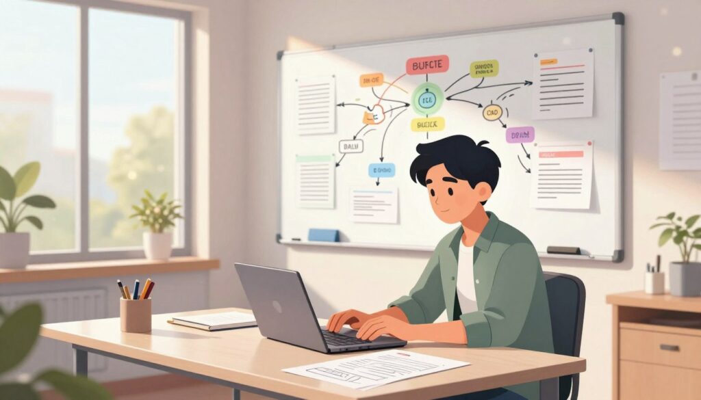 A bright, modern writer's office filled with inspiration and productivity. In the foreground, a focused writer is seated at a sleek desk, typing on a laptop while surrounded by papers with outlines and notes, dressed in professional casual attire. The middle ground features a large whiteboard filled with colorful mind maps and organized ideas flowing from a central concept. To the background, a window reveals a serene outdoor scene with soft sunlight filtering in, creating a warm atmosphere. The lighting is bright yet soft, enhancing the cozy vibe. The camera angle is slightly elevated, capturing the entire workspace while emphasizing the writer’s concentration and motivation, evoking a sense of creativity and efficiency in the writing process.